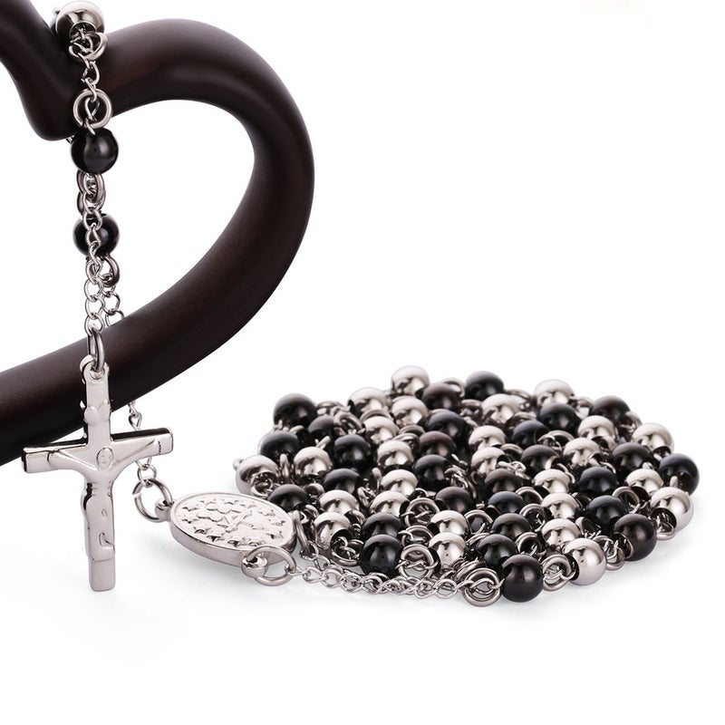 Cottvott Stainless Steel 6mm Beads Rosary Catholic Necklace Holy Medal & Crucifix 32 inch(silver black tone) - Image 5